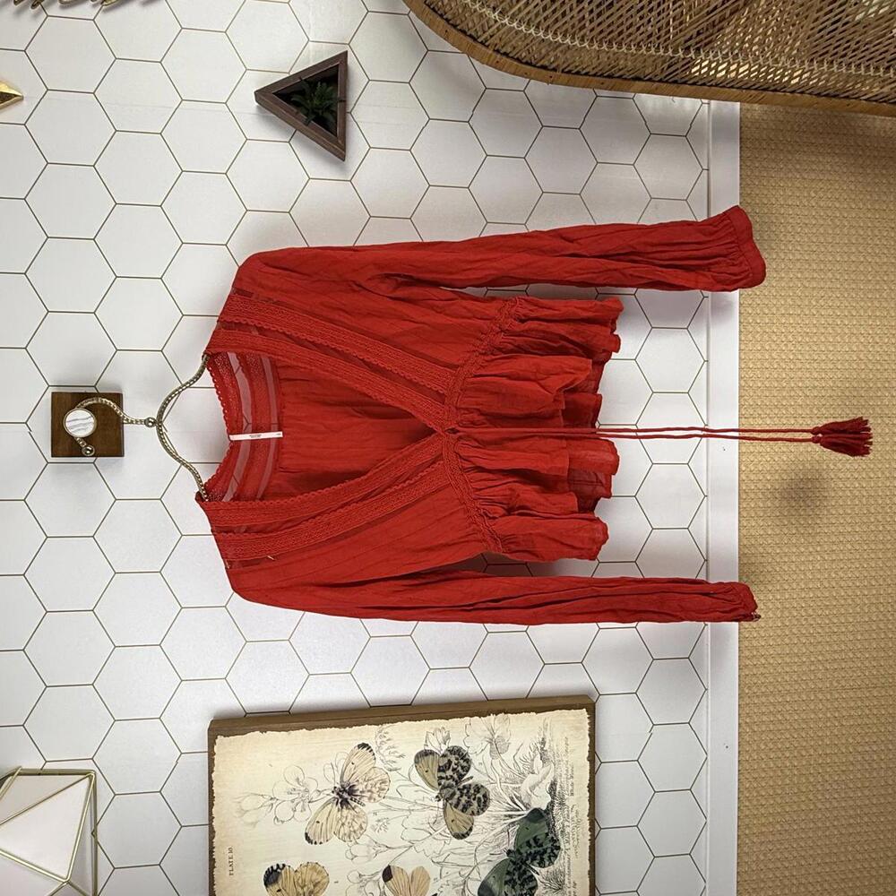 Free People Red Cropped Long Sleeve Peplum Blouse with Tassel Tie - Size - Small